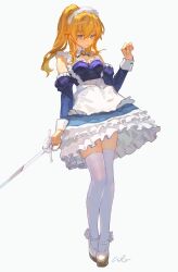 Rule 34 | 1girl, absurdres, alternate costume, apron, blonde hair, blue dress, blue eyes, blue sleeves, breasts, cleavage, closed mouth, collar, detached collar, detached sleeves, dress, enmaided, frills, full body, genshin impact, hand up, highres, holding, holding sword, holding weapon, jean (genshin impact), long hair, looking at viewer, maid, maid headdress, medium breasts, petticoat, ponytail, rui (gsr1982), signature, simple background, solo, strapless, strapless dress, sword, thighhighs, weapon, white apron, white background, white collar, white footwear, white thighhighs, wrist cuffs