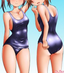 Rule 34 | 2girls, :d, adjusting clothes, adjusting swimsuit, arm up, artist name, ass, bare arms, bare shoulders, blue background, breasts, brown hair, cleavage, closed mouth, collarbone, commentary request, copyright request, dr rex, gradient background, hand up, head out of frame, multiple girls, old school swimsuit, open mouth, school swimsuit, signature, small breasts, smile, swimsuit