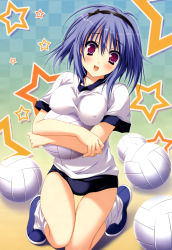 Rule 34 | 1girl, absurdres, ahoge, aqua background, ball, blouse, blue background, blue hair, breasts, breasts apart, buruma, checkered background, covered erect nipples, full body, gradient background, green background, gym uniform, hair between eyes, hairband, head tilt, hello good-bye, highres, knees together feet apart, large breasts, loose socks, moekibara fumitake, no bra, open mouth, saotome suguri, shirt, short hair, socks, solo, thigh gap, volleyball, volleyball (object), white shirt, white socks