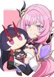 Rule 34 | 1girl, black hair, black sleeves, blue eyes, breasts, character doll, cleavage, closed mouth, commentary request, cropped torso, dated, detached sleeves, doll house, elysia (honkai impact), highres, honkai (series), honkai impact 3rd, horns, jitome, long hair, long sleeves, medium breasts, nabeiro kin, pink background, pink hair, pointy ears, raiden mei, raiden mei (herrscher of thunder), red eyes, smile, solo, two-tone background, upper body, white background