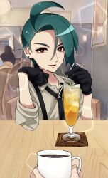 Rule 34 | 1girl, absurdres, asymmetrical bangs, black gloves, collared shirt, creatures (company), cup, drinking glass, drinking straw, ear piercing, earrings, flat chest, game freak, gloves, green hair, highres, jewelry, nintendo, piercing, pokemon, pokemon sv, ponytail, red eyes, reverse trap, rika (pokemon), shirt, suspenders, table, tea prince, triangle earrings, wine glass