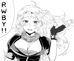Rule 34 | 1girl, blonde hair, blush, bompay, breasts, cleavage, copyright name, gauntlets, gloves, greyscale, long hair, looking at viewer, monochrome, rwby, solo, yang xiao long