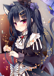 Rule 34 | 1girl, animal ears, bad id, bad pixiv id, black dress, black hair, black hat, bow, brooch, cat ears, cat tail, cowboy shot, door, dress, expressionless, flower knight girl, frills, gothic lolita, hair ornament, hairclip, hat, huei nazuki, jewelry, lolita fashion, long hair, looking at viewer, mini hat, mini top hat, red eyes, solo, striped, striped bow, tail, top hat, torikabuto (flower knight girl), twintails, waist bow