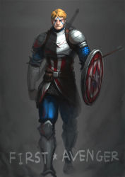 Rule 34 | 1boy, anachronism, armor, arrow (projectile), blonde hair, blood, blood splatter, breastplate, captain america, chainmail, facepaint, gauntlets, greaves, male focus, marvel, medieval, over shoulder, pauldrons, sheath, sheathed, shield, short hair, shoulder armor, solo, steve rogers, sword, sword over shoulder, time paradox, walking, weapon, weapon over shoulder, yong nin young