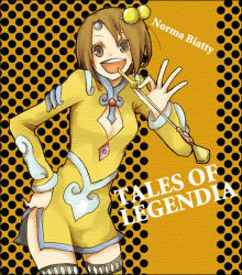 Rule 34 | 1girl, bad id, bad pixiv id, brown eyes, brown hair, buzz (moi), character name, cleavage cutout, clothing cutout, copyright name, drinking straw, flat chest, hair bobbles, hair ornament, norma beatty, orange background, short hair, skirt, solo, tales of (series), tales of legendia, thighhighs, yellow skirt, zettai ryouiki