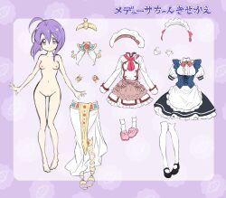Rule 34 | 1girl, blush, breasts, cleft of venus, closed mouth, collarbone, earrings, egyptian clothes, jashin-chan dropkick, jewelry, kisekae, looking at viewer, maid headdress, medusa (jashin-chan dropkick), navel, nude, purple eyes, purple hair, pussy, short hair, small breasts, smile, solo, thighhighs, white thighhighs