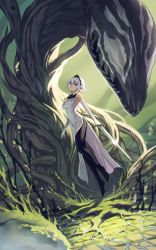 Rule 34 | 1girl, black legwear, breasts, day, dress, elbow gloves, floating, gloves, green sky, highres, holding, holding sword, holding weapon, levitation, looking at viewer, medium breasts, niggurath the ancient tree branch, outdoors, pixiv fantasia, pixiv fantasia last saga, plant roots, pointy ears, short hair, sky, sleeveless, sleeveless dress, sword, weapon, white dress, white gloves, white hair, yuzu shio