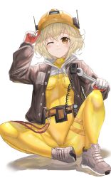 Rule 34 | 1girl, absurdres, adjusting clothes, adjusting headwear, blonde hair, blush, bodysuit, breasts, brown jacket, gloves, goddess of victory: nikke, hard hat, helmet, highres, holding, jacket, liter (nikke), looking at viewer, one eye closed, open clothes, open jacket, orange gloves, putcho, short hair, sitting, small breasts, smile, solo, two-tone gloves, walkie-talkie, white gloves, white hood, wrench, yellow bodysuit, yellow eyes