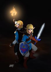Rule 34 | 1boy, 1girl, angry, back-to-back, blonde hair, blue eyes, boots, breasts, cape, elf, fire, gloves, glowing, hair ornament, hairclip, hand up, highres, holding, holding sword, holding weapon, indoors, leggings, link, looking at viewer, master sword, nervous, nintendo, pointy ears, princess zelda, shield, sidelocks, standing, stick, sword, the legend of zelda, the legend of zelda: breath of the wild, triforce, tunic, weapon