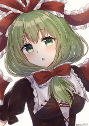 Rule 34 | 1girl, black dress, breasts, dress, frilled ribbon, frilled shirt collar, frills, front ponytail, green eyes, green hair, hair ribbon, head tilt, highres, kagiyama hina, looking at viewer, medium breasts, medium hair, open mouth, puffy short sleeves, puffy sleeves, red ribbon, ribbon, runa (runa7733), short sleeves, simple background, solo, touhou, upper body, white background