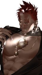 Rule 34 | 1boy, alternate costume, alternate hairstyle, bara, bare pectorals, beard, beard stubble, boku no hero academia, earrings, endeavor (boku no hero academia), facial hair, fujimono, gold necktie, highres, jewelry, large pectorals, looking ahead, male focus, mature male, muscular, muscular male, no nipples, pectorals, scar, scar across eye, short hair, sideburns, solo, spiked hair, stubble, thick eyebrows, upper body