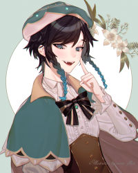 Rule 34 | 1boy, artist name, ascot, black bow, black hair, blue eyes, blue hair, blush, bow, braid, brown corset, cape, collared capelet, commentary, corset, english commentary, eyelashes, fangs, finger to cheek, flower, frilled shirt, frills, genshin impact, gradient hair, green cape, green hat, hair flower, hair ornament, hand up, hat, highres, lily (flower), long sleeves, looking at viewer, male focus, medium hair, multicolored hair, nana illust, open mouth, shirt, sidelocks, solo, trap, upper body, venti (genshin impact), white shirt