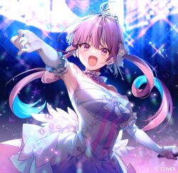 Rule 34 | 1girl, :d, arm scrunchie, arm up, armpits, bow, breasts, cleavage, dress, earrings, elbow gloves, gloves, holding, holding microphone, hololive, jewelry, looking at viewer, low twintails, medium breasts, microphone, minato aqua, official art, open mouth, pink eyes, pink hair, riichu, sleeveless, sleeveless dress, smile, solo, stage, stage lights, standing, striped, tiara, twintails, upper body, virtual youtuber, white bow, white dress, white gloves