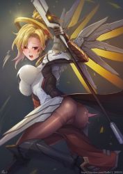 Rule 34 | 1girl, alternate eye color, armor, ass, blonde hair, blue eyes, blush, bodysuit, boobplate, boots, breastplate, breasts, brown pantyhose, cameltoe, cleft of venus, faulds, gloves, greaves, halo, high ponytail, knee boots, large breasts, long hair, mechanical halo, mechanical wings, mercy (overwatch), open mouth, overwatch, overwatch 1, pantyhose, ponytail, rebe11, skin tight, solo, staff, tabard, thighband pantyhose, thighs, watermark, web address, wings, yellow wings