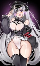 Rule 34 | 1girl, azur lane, bare shoulders, between breasts, black hat, black jacket, black thighhighs, breasts, cameltoe, cross, elbe (azur lane), gluteal fold, hat, highleg, highleg leotard, highres, impossible clothes, iron cross, jacket, large breasts, leotard, long hair, open mouth, peaked cap, purple background, purple eyes, sennei, simple background, skindentation, solo, standing, strap between breasts, thighhighs, thighs, very long hair, white hair, white leotard
