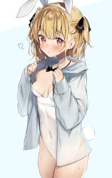 Rule 34 | 1girl, absurdres, animal ears, black bow, blonde hair, blush, bow, breasts, collared shirt, commentary request, copyright request, covered navel, cowboy shot, dot mouth, fake animal ears, heart, highres, leotard, long sleeves, looking at viewer, medium hair, mochi nabe, open clothes, playboy bunny, rabbit ears, rabbit tail, red eyes, shirt, sleeves past wrists, small breasts, solo, standing, tail, wet, wet clothes, wet shirt, white leotard, white shirt