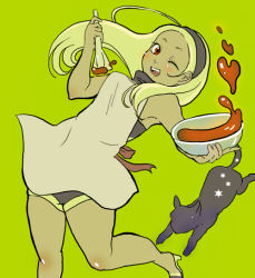Rule 34 | 1girl, ahoge, apron, bad id, bad pixiv id, bare legs, bare shoulders, black cat, blonde hair, blush, bowl, cat, cooking, dress, dusty (gravity daze), gravity daze, high heels, huge ahoge, kitten (gravity daze), leaning back, long hair, one eye closed, red eyes, shoes, simple background, solo, spatula, strapless, strapless dress, tati (sarastro), wink