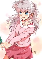 Rule 34 | 1girl, 1other, artist name, blue eyes, charlotte (anime), commentary request, cowboy shot, dated, holding hands, highres, long hair, long sleeves, looking to the side, misaki juri, open mouth, pink background, pink sweater, red skirt, silver hair, skirt, smile, sweater, teeth, tomori nao, two side up