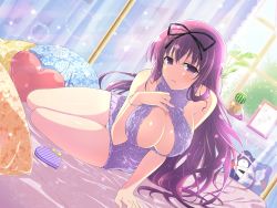 Rule 34 | 1girl, bare legs, bare shoulders, bracelet, breasts, candy, chocolate, chocolate heart, cleavage, cleavage cutout, clothing cutout, food, hair ribbon, heart, highres, jewelry, large breasts, legs, legs together, long hair, looking at viewer, meme attire, murasaki (senran kagura), nail polish, on bed, open mouth, panties, pillow, purple eyes, purple hair, revealing clothes, ribbon, senran kagura, sexually suggestive, sitting, solo, sweater, thick thighs, thighs, underwear, virgin killer sweater, white panties, yaegashi nan