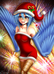 Rule 34 | 10s, absurdres, blue hair, blush, breasts, harpy, hat, highres, monster girl, monster musume no iru nichijou, papi (monster musume), santa costume, santa hat, small breasts, smile, wings, yellow eyes
