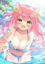 Rule 34 | 1girl, :d, animal ear fluff, animal ears, bare shoulders, bikini, blue bikini, blue sky, blush, breasts, cat ears, cat girl, cat tail, cleavage, collarbone, commentary request, cowboy shot, day, fang, flower, gluteal fold, green eyes, hair flower, hair ornament, halterneck, hamico, highres, large breasts, long hair, looking at viewer, navel, ocean, open mouth, original, outdoors, outstretched arm, pink hair, reaching, reaching towards viewer, sky, smile, solo, standing, swimsuit, tail, thigh gap, thighhighs, two side up, wading, water, wet, yellow flower