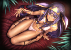 Rule 34 | 1girl, absurdres, animal ears, arm at side, arm support, bangle, bare shoulders, barefoot, belly chain, big hair, blunt bangs, bracelet, breasts, breasts apart, closed mouth, dark-skinned female, dark skin, earrings, egyptian, egyptian clothes, eyelashes, facepaint, facial mark, fake animal ears, fate/grand order, fate (series), feet, fingernails, from above, full body, gold, hair between eyes, hair ornament, hair rings, hair tubes, hairband, hand up, highres, hoop earrings, jewelry, lace-up, leaf, long fingernails, long hair, looking at viewer, looking up, low-tied long hair, medium breasts, nail polish, navel, nitocris (fate), panties, plant, purple eyes, purple hair, rabbit ears, reclining, red nails, sidelocks, sitting, smile, soles, solo, thigh gap, toes, toned, ulrich (tagaragakuin), underwear, very long hair, wariza, white panties