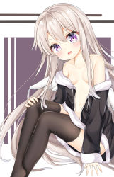 Rule 34 | 1girl, :d, absurdres, aged down, arlene (ju), azur lane, bare shoulders, black jacket, blush, breasts, brown thighhighs, collarbone, commentary request, crossed legs, drawstring, enterprise (azur lane), hair between eyes, hand on own knee, head tilt, highres, hood, hood down, hooded jacket, jacket, knees up, light brown hair, long hair, long sleeves, no shoes, off shoulder, open mouth, purple eyes, sleeves past wrists, small breasts, smile, solo, thighhighs, very long hair, white wings, wings
