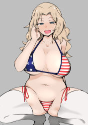 Rule 34 | 1girl, american flag bikini, bikini, blonde hair, blue eyes, blush, breasts, cameltoe, cleavage, flag print, girls und panzer, grey background, hand on own head, highres, kay (girls und panzer), large breasts, long hair, navel, ngc20701, open mouth, side-tie bikini bottom, simple background, smile, solo, spread legs, swimsuit, thighhighs, white thighhighs