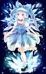 Rule 34 | 1girl, alternate hairstyle, bad id, bad pixiv id, blue dress, blue eyes, blue hair, bow, cirno, dress, hair bow, ice, ice wings, jaku sono, mary janes, matching hair/eyes, puffy sleeves, shirt, shoes, short sleeves, smile, solo, standing, standing on one leg, touhou, wavy hair, wings