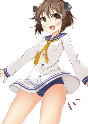 Rule 34 | 10s, 1girl, :d, bad id, bad pixiv id, brown eyes, brown hair, cameltoe, cowboy shot, dress, kankitsunabe (citrus), kantai collection, long sleeves, necktie, open mouth, sailor collar, sailor dress, school swimsuit, short hair, smile, solo, swimsuit, swimsuit under clothes, teeth, white background, yukikaze (kancolle)