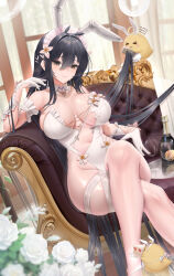 Rule 34 | &gt; &lt;, 1girl, alternate costume, animal ears, arm strap, azur lane, bare shoulders, black hair, blush, bottle, breasts, cleavage, closed mouth, crossed legs, cup, detached collar, fake animal ears, feet out of frame, flower, fouriasensei, gloves, highres, indomitable (azur lane), large breasts, leotard, long hair, looking at viewer, maid headdress, manjuu (azur lane), pantyhose, rabbit ears, sitting, smile, thighs, white gloves, white leotard, white pantyhose