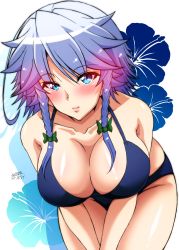 Rule 34 | 1girl, ahoge, alternate costume, armpit crease, bare shoulders, bent over, bikini, blue bikini, blue eyes, blush, braid, breasts, cleavage, closed mouth, collarbone, commentary request, dated, eyelashes, green ribbon, hair ribbon, highres, izayoi sakuya, large breasts, light smile, lips, looking at viewer, medium hair, ribbon, shiny skin, side braid, sidelocks, signature, silver hair, solo, standing, swimsuit, tatsuya (guild plus), thighs, touhou, tress ribbon, twin braids, v arms, white background