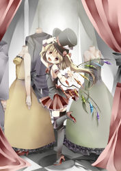 Rule 34 | 1girl, alternate costume, alternate headwear, arm garter, asymmetrical footwear, asymmetrical legwear, bad id, bad pixiv id, blonde hair, boots, bow, crystal, detached collar, dress, female focus, flandre scarlet, garter belt, garter straps, hair bow, hat, highres, mismatched footwear, mismatched legwear, open mouth, red eyes, short hair, side ponytail, sleeveless, solo, striped clothes, striped thighhighs, tepes, thighhighs, top hat, touhou, wings, wrist cuffs