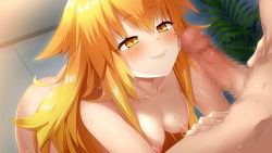 Rule 34 | 1boy, 1girl, all fours, ass, blonde hair, blush, breasts, censored, closed mouth, completely nude, deep one kyomu to mugen no fragment, dutch angle, erection, fang, fang out, game cg, hetero, indoors, long hair, medium breasts, mosaic censoring, nipples, non-web source, nude, penis, sakura misaki (sakura densetsu), smile, solo focus, sweat, yellow eyes, zeno (deep one)