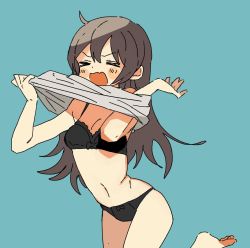 Rule 34 | 1girl, ahoge, barefoot, black bra, black panties, blue background, blush, blush stickers, bow, bow bra, bow panties, bra, brown hair, commentary, closed eyes, fang, hair between eyes, highres, long hair, maple (abc2215), mole, mole on leg, navel, open mouth, original, panties, simple background, skin fang, solo, underwear, undressing