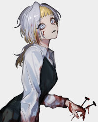Rule 34 | 1girl, black skirt, black vest, blonde hair, blood, blood in hair, blood on clothes, blood on face, blood on hands, breasts, collared shirt, highres, impaled, kromer (project moon), limbus company, long hair, long sleeves, low ponytail, moth ram, multicolored hair, nail, project moon, shirt, simple background, skirt, small breasts, solo, vest, white background, white eyes, white hair, white shirt