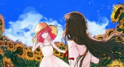 2girls alternate_costume alternate_hairstyle bare_shoulders black_hair blue_sky closed_eyes cloud collarbone day dress facing_another facing_away field floating_hair flower flower_field hat highres holding holding_hat holding_unworn_clothes kohaku_(tsukihime) landscape long_hair long_sleeves medium_hair multiple_girls open_mouth petalesouple404 red_hair red_ribbon ribbon shirt sky smile straw_hat sundress sunflower sunflower_field sunflower_petals tohno_akiha tsukihime tsukihime_(remake) type-moon very_long_hair white_dress white_shirt