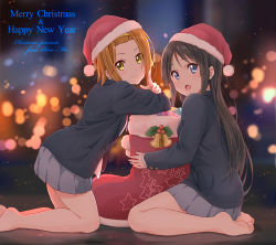 Rule 34 | 2girls, akiyama mio, barefoot, black hair, blazer, blue eyes, blue jacket, blue skirt, blunt bangs, boots, box, brown eyes, brown hair, closed mouth, commentary request, dresstrip, english text, feet, gift, gift box, hairband, happy new year, hat, hime cut, jacket, k-on!, long hair, long sleeves, looking at viewer, looking to the side, merry christmas, multiple girls, new year, open mouth, pleated skirt, sakuragaoka high school uniform, santa boots, santa hat, school uniform, shirt, sidelocks, skirt, smile, tainaka ritsu, white shirt, yellow hairband
