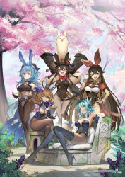 Rule 34 | 5girls, absurdres, ahoge, amber (genshin impact), animal ears, arms up, bare shoulders, black legwear, blue hair, bow, bowtie, breasts, brown hair, brown legwear, cherry blossoms, eula (genshin impact), closed eyes, full body, ganyu (genshin impact), genshin impact, ghost, gloves, goggles, green eyes, hair ornament, hairband, hat, high heels, highres, horns, hu tao (genshin impact), large breasts, crossed legs, leotard, lisa (genshin impact), long hair, long sleeves, looking at viewer, medium breasts, multiple girls, open mouth, pantyhose, playboy bunny, purple eyes, rabbit ears, rabbit tail, red eyes, short hair, siriuflong, smile, tail, thighhighs, top hat, twintails, wide sleeves, yellow eyes