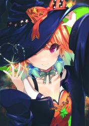 Rule 34 | 1girl, bow, breasts, chain, choker, cleavage, cloak, closed mouth, collarbone, earrings, feather earrings, feathers, grey hair, halloween, hands up, hat, hat bow, highres, hololive, hololive english, jewelry, large breasts, light blush, long hair, long sleeves, looking at viewer, magic, multicolored hair, nerutora, one eye closed, orange hair, partially unzipped, purple eyes, ribbon choker, smile, swept bangs, takanashi kiara, two-sided fabric, two-tone hair, upper body, virtual youtuber, wide sleeves, witch hat