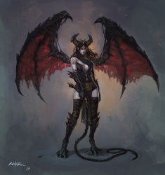 Rule 34 | 1girl, black hair, breasts, cleavage, demon girl, demon horns, demon wings, elbow gloves, evil, gloves, hair ornament, horns, kekse, long hair, red eyes, serious, shin guards, solo, tattoo, whip, wings, world of legend