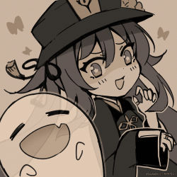 Rule 34 | blush, chibi, chinese clothes, closed eyes, fang, genshin impact, ghost, greyscale, hat, highres, hu tao (genshin impact), long sleeves, looking at viewer, monochrome, open mouth, sasha chii, smile, solo, symbol-shaped pupils