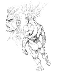 Rule 34 | absurdres, arms at sides, ass, cirenk, floating hair, from side, gem, gill (street fighter), greyscale, highres, male focus, monochrome, multiple views, muscular, muscular male, portrait, street fighter, street fighter iii (series)