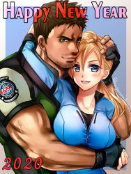 Rule 34 | 1boy, 1girl, blonde hair, blue eyes, blush, breasts, chris redfield, commentary request, earrings, fingerless gloves, gloves, jewelry, jill valentine, large breasts, long hair, looking at viewer, muscular, nagare, ponytail, resident evil, resident evil 5, veins