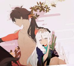 Rule 34 | 1boy, 1girl, brown hair, collarbone, dot nose, egasumi, eye contact, gradient eyes, grey background, hair ornament, hand on another&#039;s head, hands up, japanese clothes, katana, katanagatari, knees together feet apart, leaf, long hair, looking at another, maple leaf, multicolored eyes, navel, parted bangs, parted lips, pink eyes, ponytail, profile, ringlets, roku (tsua-kihuyu), scabbard, sheath, sheathed, sitting, sword, tareme, togame, topless male, tsurime, very long hair, weapon, white background, yasuri shichika