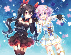 Rule 34 | 10s, 2girls, bare shoulders, black hair, blush, breasts, female focus, four goddesses online: cyber dimension neptune, garter straps, hair ornament, holding hands, long hair, looking at viewer, multiple girls, narinn, neptune (neptunia), neptune (series), noire (neptunia), open mouth, purple eyes, purple hair, red eyes, short hair, smile, twintails