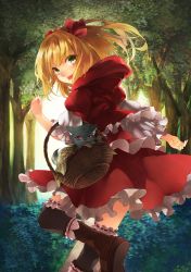 Rule 34 | 1girl, :p, bad id, bad pixiv id, basket, black cat, blonde hair, boots, bow, bridal garter, cape, cat, cloak, devil maker, dress, forest, frilled thighhighs, frills, green eyes, hair bow, hood, hooded cloak, little red riding hood, little red riding hood (grimm), nature, original, red cape, red dress, red skirt, shiyun, short hair, skirt, solo, thighhighs, tongue, tongue out