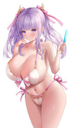 Rule 34 | 1girl, absurdres, azur lane, bare shoulders, bikini, blush, bow, bow bikini, breasts, cameltoe, cleavage, finger in own mouth, finger sucking, food, gintokyhenry, hair between eyes, highres, huge breasts, light purple hair, looking at viewer, navel, out of frame, pink bow, pink nails, pink ribbon, plymouth (azur lane), plymouth (heart-throbbing refreshment) (azur lane), popsicle, purple eyes, ribbon, simple background, solo, swimsuit, white background, white bikini