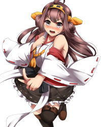 Rule 34 | 10s, 1girl, bare shoulders, black thighhighs, blush, brown hair, detached sleeves, grey eyes, hair ornament, highres, kantai collection, kongou (kancolle), long hair, magukappu, open mouth, personification, shirt, simple background, skirt, solo, standing, standing on one leg, thighhighs, very long hair, white background, wide sleeves, zettai ryouiki