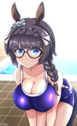 Rule 34 | 1girl, animal ears, bent over, black hair, blue eyes, breasts, cleavage, collarbone, commentary request, glasses, hair ornament, highres, horse ears, horse girl, horse tail, isemagu, large breasts, pool, school swimsuit, solo, swimsuit, tail, umamusume, wet, zenno rob roy (umamusume)